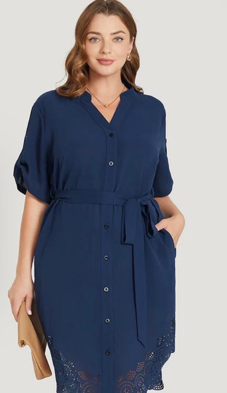 Bloomchic Solid Cuffed Sleeve Button Up Belted Laser Cut Hem Dress Plus 18-20